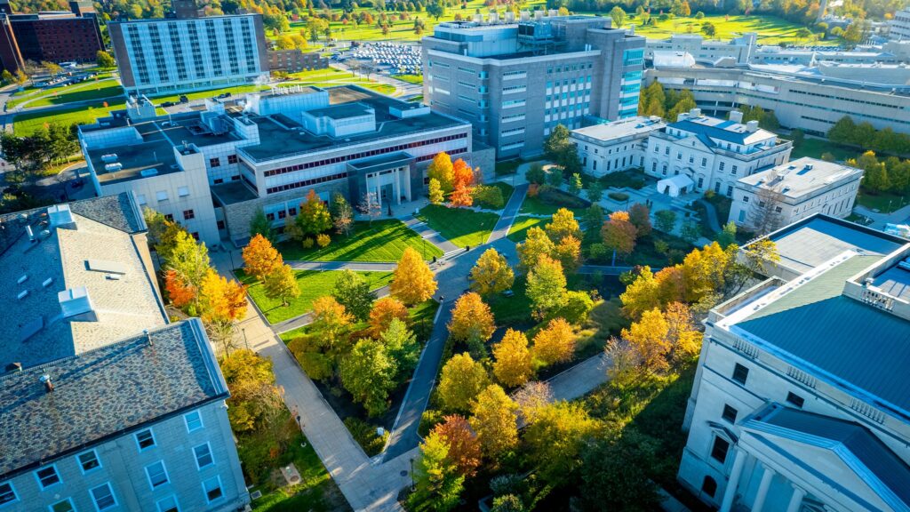 Bird's-eye view of the University at Buffalo, highlighting its layout, architecture, and surrounding landscape.